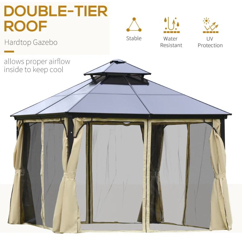 Outsunny 10' x 10' 2-Tier Outdoor Gazebo Canopy with Polycarbonate Roof, Curtains and Netting, for Garden, Deck, Beige