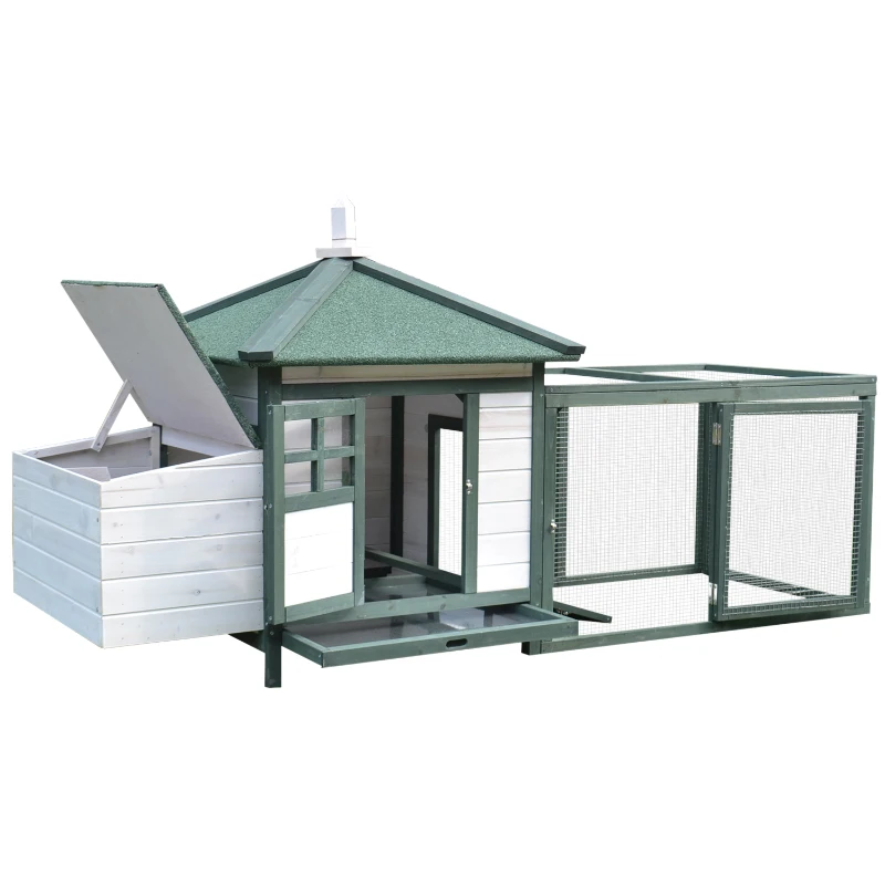 PawHut 77" Wooden Chicken Coop Hen House Poultry Cage with Weatherproof Roof, Nesting Box, Enclosed Run and Removable Tray for Outdoor Backyard, Green