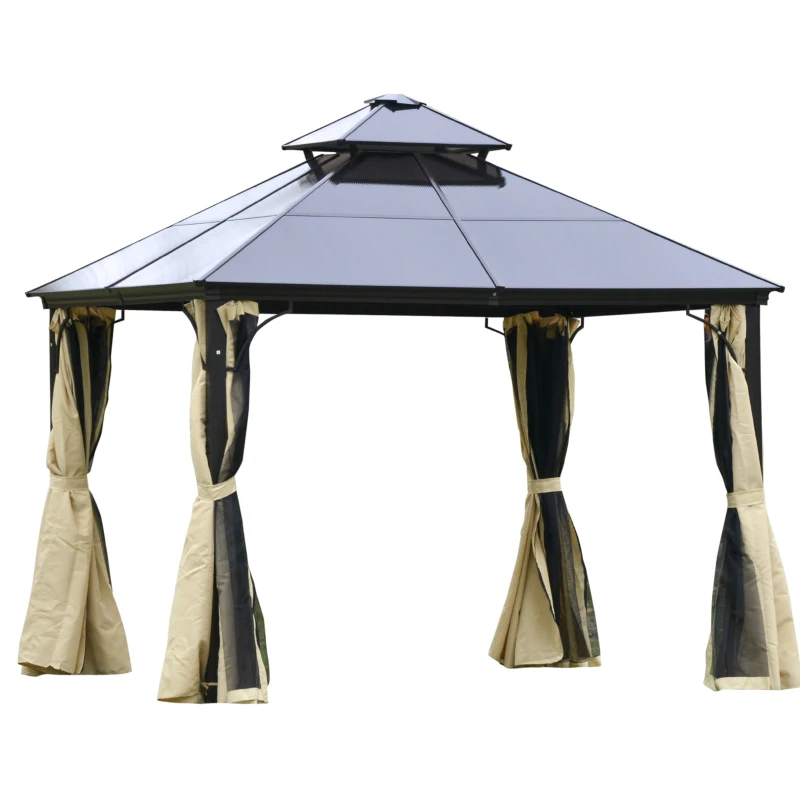 Outsunny 10' x 10' 2-Tier Outdoor Gazebo Canopy with Polycarbonate Roof, Curtains and Netting, for Garden, Deck, Beige