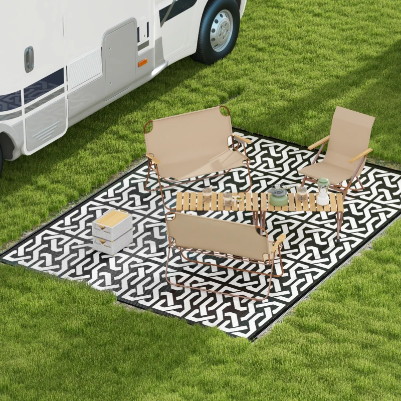 Outsunny Reversible Outdoor Rug Carpet RV Camping Rugs with Carry Bag, 9' x 12', Black & White Chain