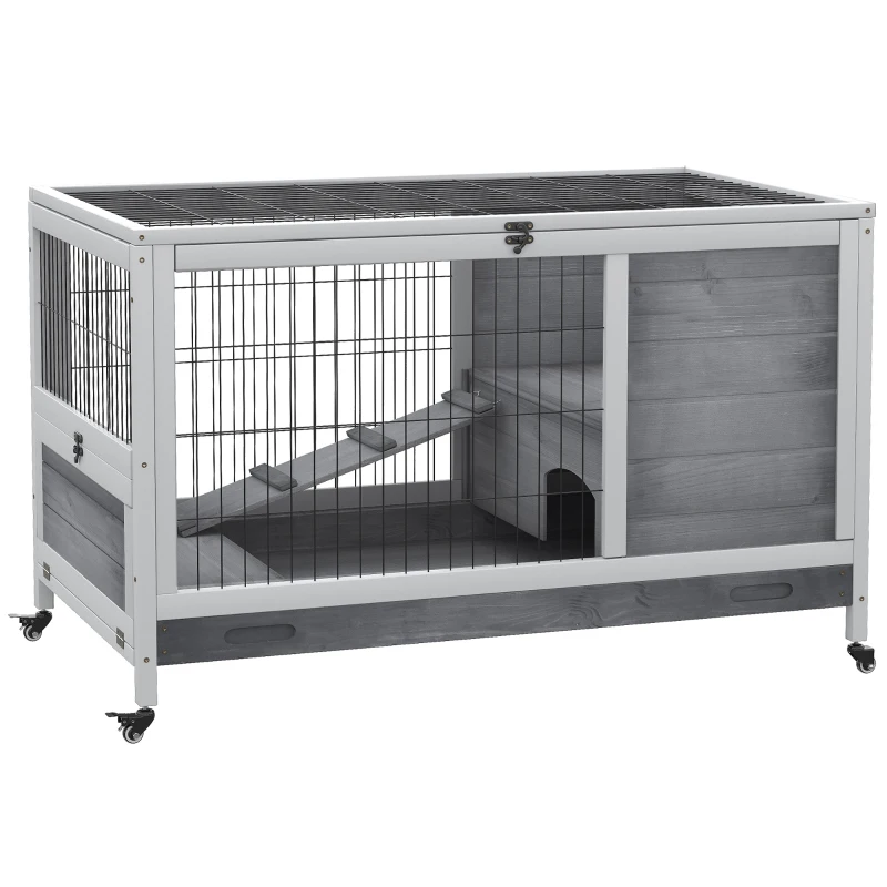 PawHut Indoor Rabbit Enclosure, Wooden Elevated Cage Habitat with Enclosed Run with Wheels - Ideal for Rabbits and Guinea Pigs