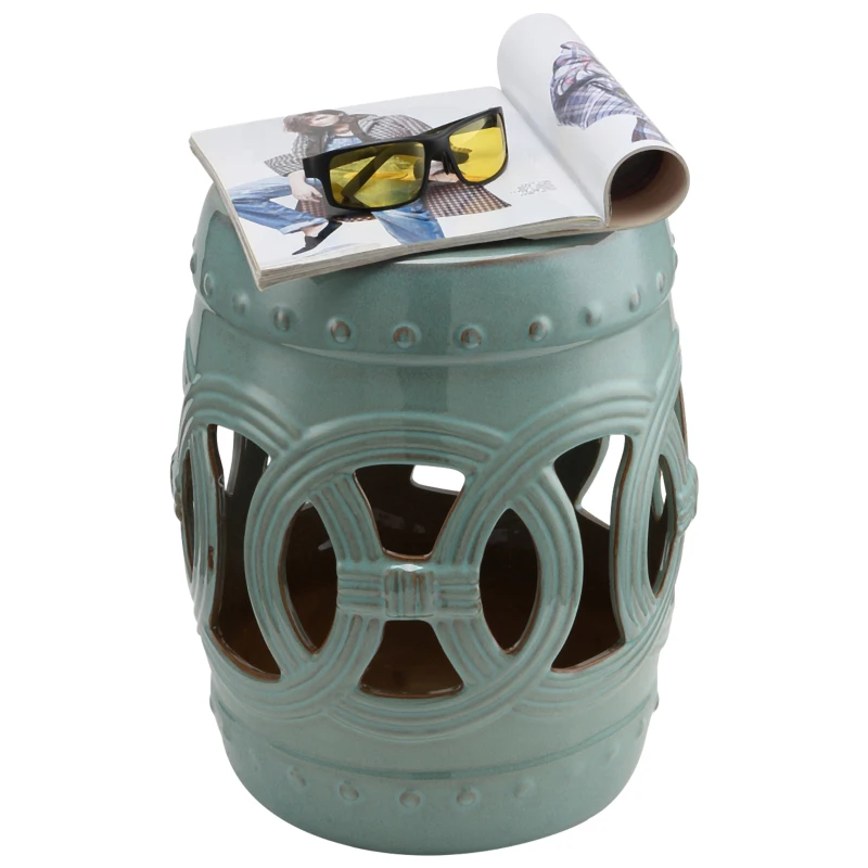 Outsunny 14" x 17" Ceramic Garden Stool with Double-Coin Knotted Ring Design & Strong Glazed Material, Decorative End Table, Home Collection, Antique Blue