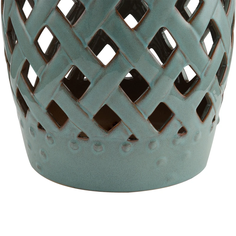 Outsunny 13" x 18" Ceramic Garden Stool with Woven Lattice Design & Glazed Strong Materials Decorative End Table, Antique Blue