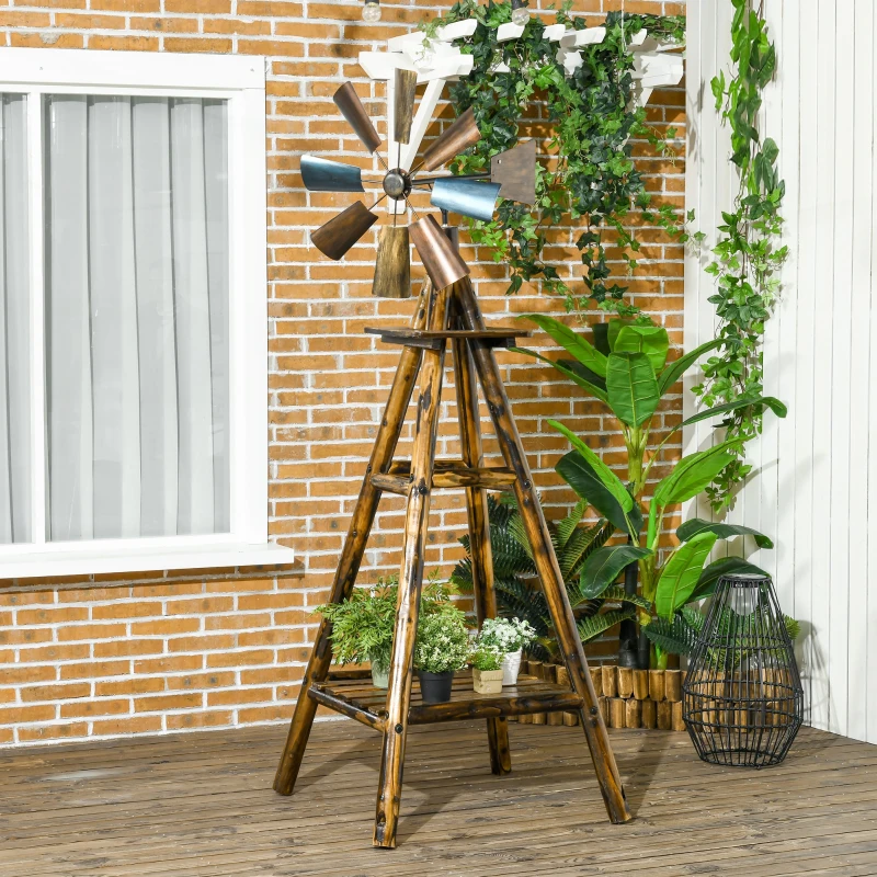 Outsunny Windmill Weather Vane, Wind Vane with Bottom Shelf, Steel Windmill Head, Stained Wood