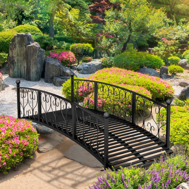 Outsunny 7' Metal Arch Garden Bridge Arc Footbridge with Side Railings Decorative Scrollwork, Black