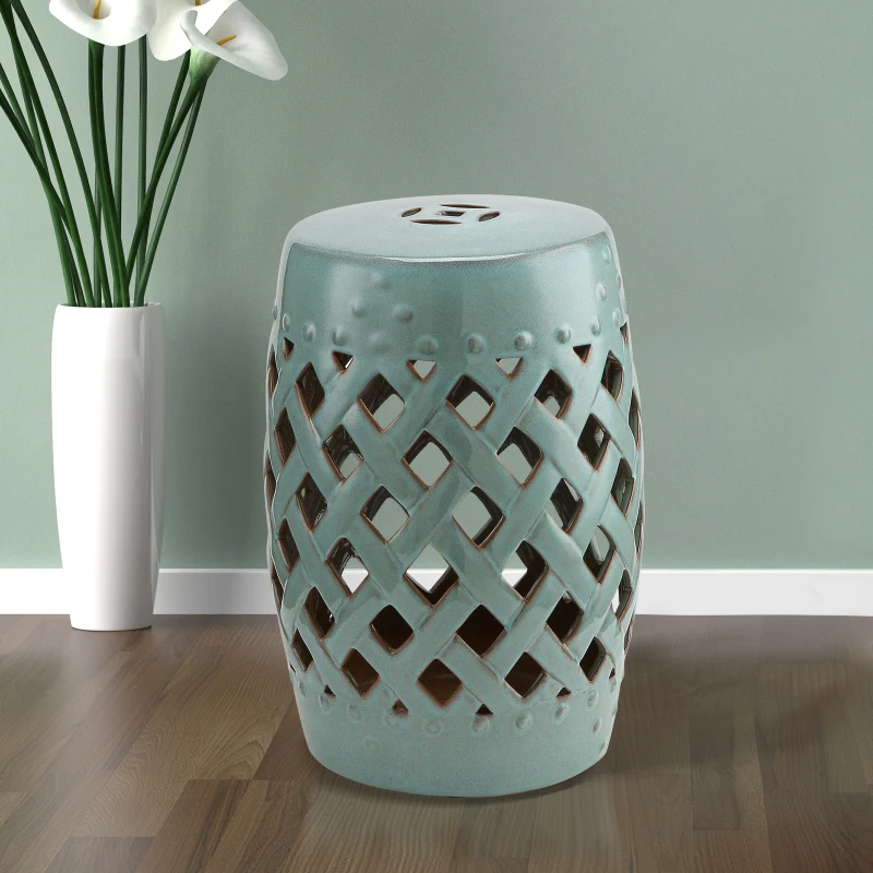 Outsunny 13" x 18" Ceramic Garden Stool with Woven Lattice Design & Glazed Strong Materials Decorative End Table, Antique Blue