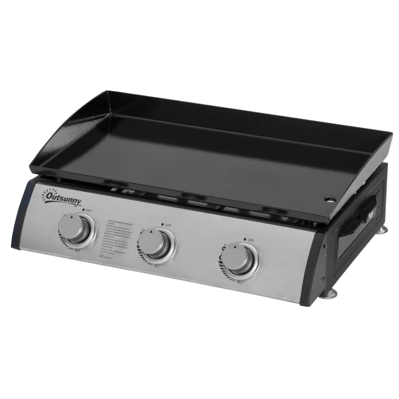 Outsunny 3 Burner Liquefied Gas Grill, Portable Tabletop BBQ Grill, for Camping, Picnic, Silver
