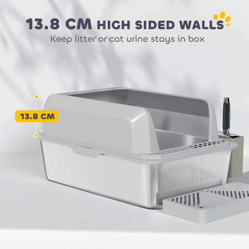 PawHut Stainless Steel Cat Litter Box High Sided with Metal Scoop & Holder, Non-Sticky, Easy to Clean, Anti-Urine Leakage