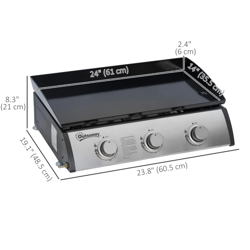 Outsunny 3 Burner Liquefied Gas Grill, Portable Tabletop BBQ Grill, for Camping, Picnic, Silver