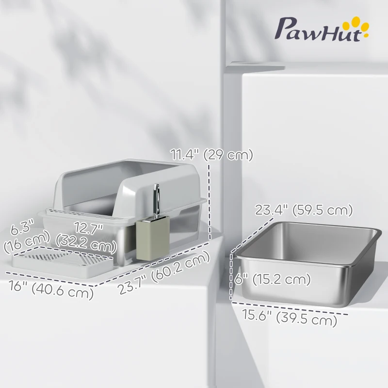 PawHut Stainless Steel Cat Litter Box High Sided with Metal Scoop & Holder, Non-Sticky, Easy to Clean, Anti-Urine Leakage