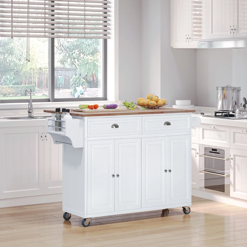 HOMCOM Rolling Kitchen Island on Wheels Ultility Cart with Drop-Leaf and Rubber Wood Countertop, Storage Drawer, Door Cabinet, White