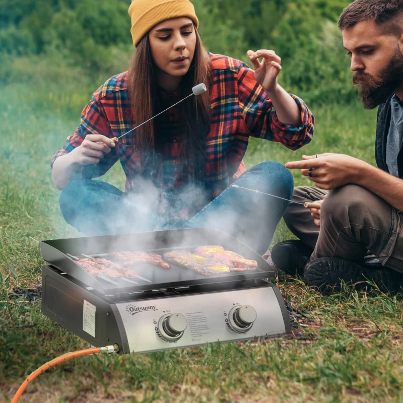 Outsunny 2 Burner Liquefied Gas Grill, Portable Tabletop BBQ Grill, for Camping, Picnic, Silver