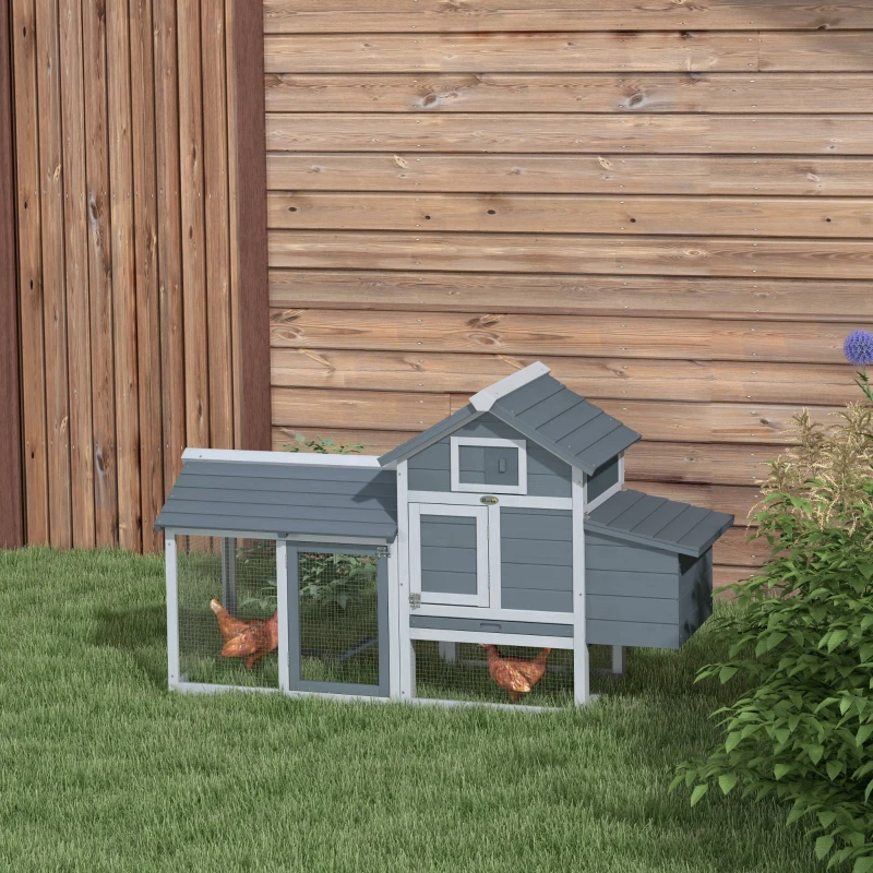 PawHut 59" Small Wooden Chicken coop Hen House Poultry Cage for Outdoor Backyard with 2 Doors, Nesting Box and Removable Tray, Gray