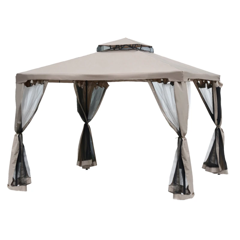 Outsunny 10' x 10' Gazebo Tent, Double Roof Outdoor Canopy Shelter, with Netting Fabric and Vented Roof, Steel Corner Frame for Garden, Lawn, Backyard, Taupe
