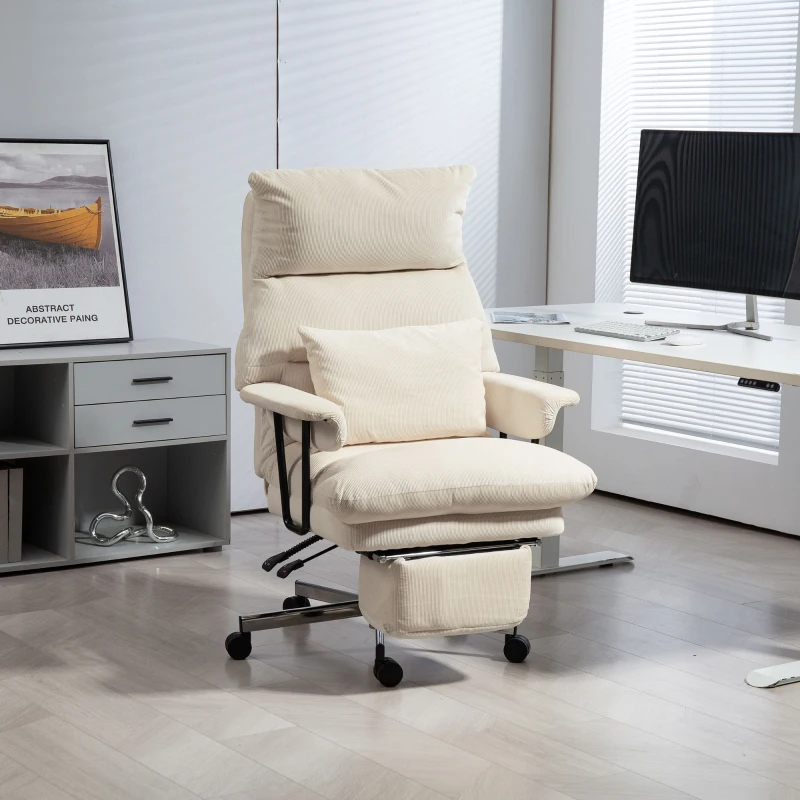 HOMCOM Executive Office Chair with Lumbar Support, Footrest, High Back Reclining Overstuffed Desk Chair with, Cream White