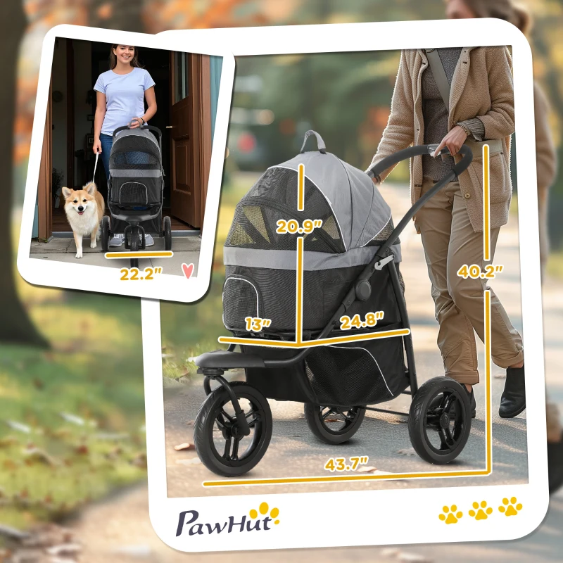 PawHut 3 in 1 Pet Jogging Stroller for Small Dogs and Cats with Detachable Carrier, Storage Basket, Gray
