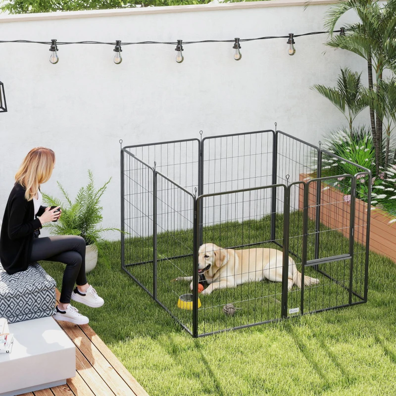 PawHut 39" Dog Playpen Indoor Outdoor, Portable Foldable 8 Panels Pet Playpen with Door & Strap for Large Dogs
