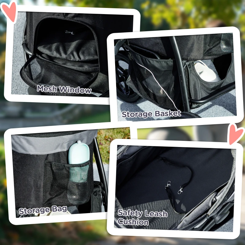 PawHut 3 in 1 Pet Jogging Stroller for Small Dogs and Cats with Detachable Carrier, Storage Basket, Gray