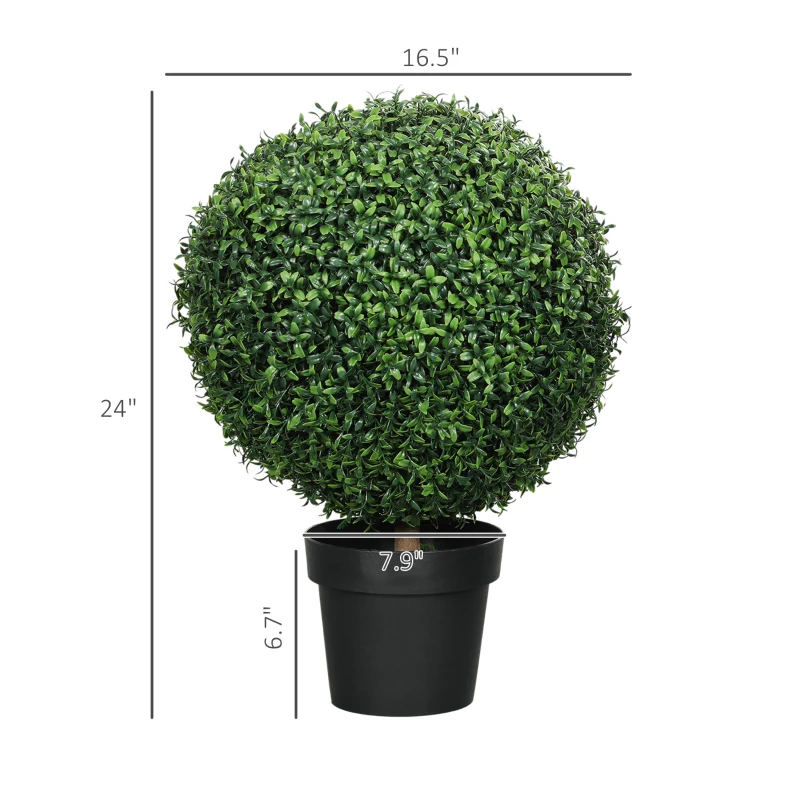HOMCOM Set of 2 Artificial Ball Boxwood Topiary Trees, Fake Plants in Pot for Indoor Outdoor Living Room Green