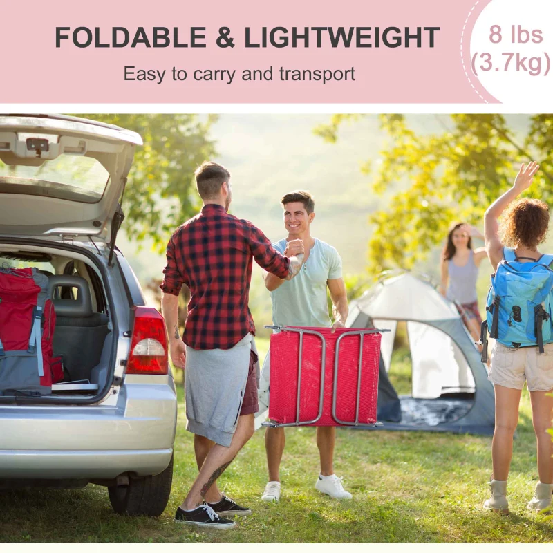 Outsunny Outdoor Lounge Chair, Portable Reclining Seat, Folding Chaise Lounge, Tanning Chair Bed with Pillow, Pink