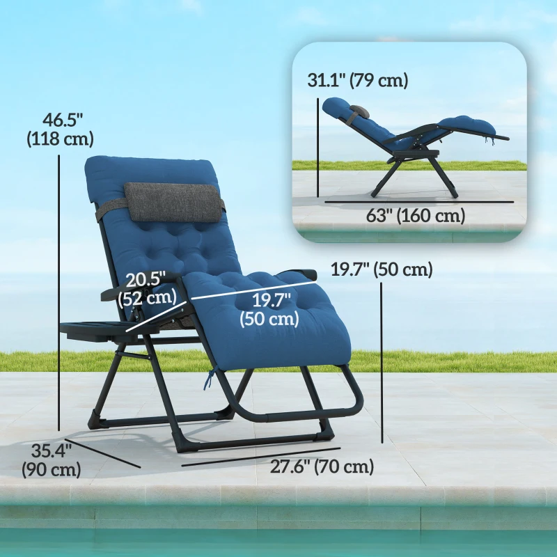Outsunny Padded Folding Recliner Chair, Patio Lounger with Cupholder, Adjustable Backrest, Removable Cushion, Navy Blue