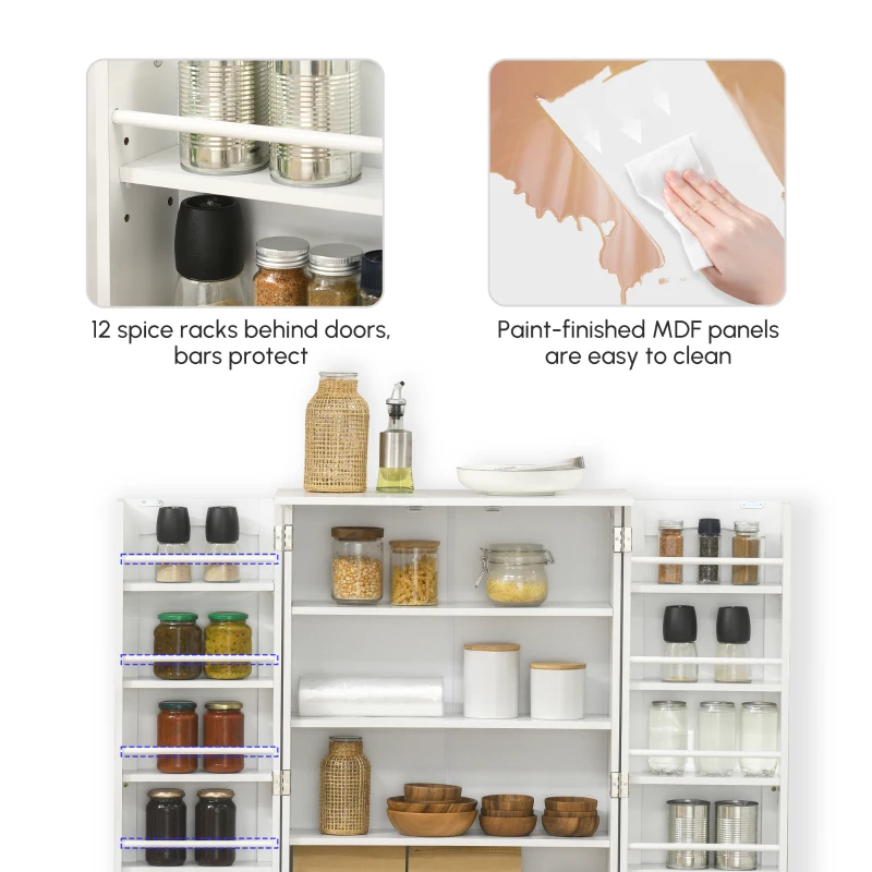 HOMCOM Freestanding Kitchen Pantry Cabinet, Kitchen Sideboard Cabinet with 12 Door Shelves, Double Doors, 5-tier Shelving, Paper White