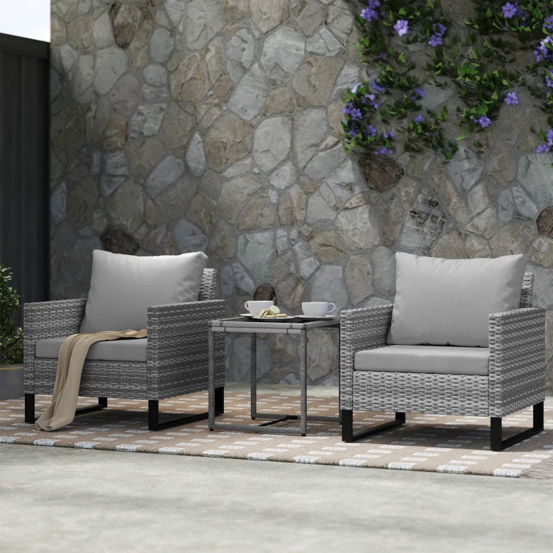 Outsunny 3PCS Patio Set, Wicker Bistro Set with Cushions, Rattan Chairs, Glass Coffee Table for Backyard, Porch, Balcony, Gray