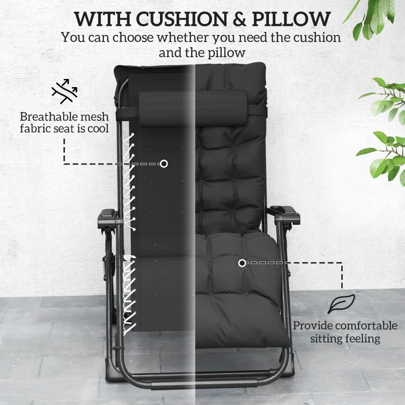 Outsunny Folding Garden Chairs Set of 2, Reclining Zero Gravity Chair, Sun Lounger with Cushion and Headrest, Black