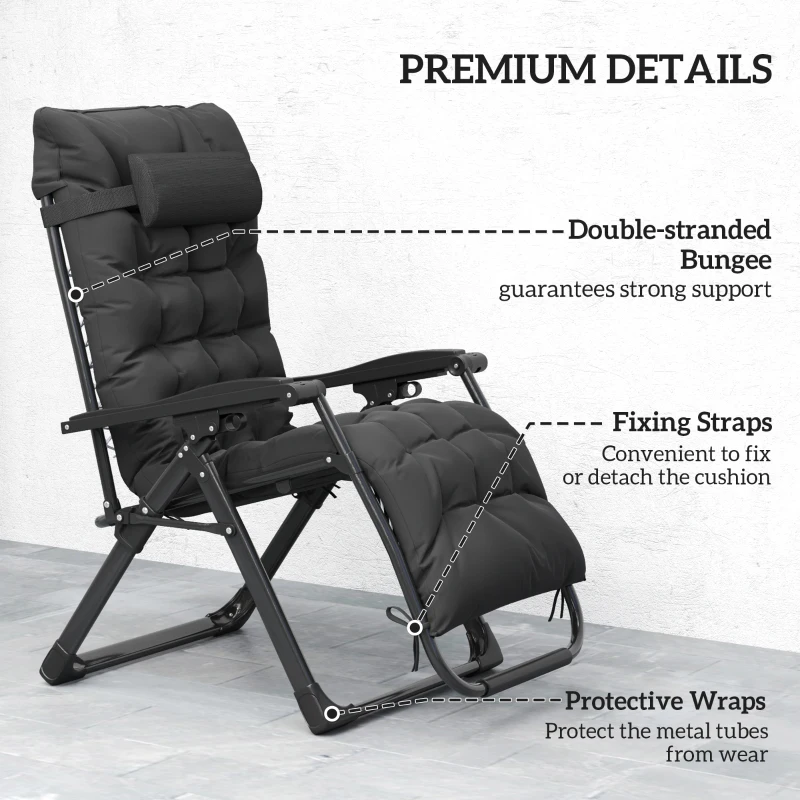 Outsunny Folding Garden Chairs Set of 2, Reclining Zero Gravity Chair, Sun Lounger with Cushion and Headrest, Black