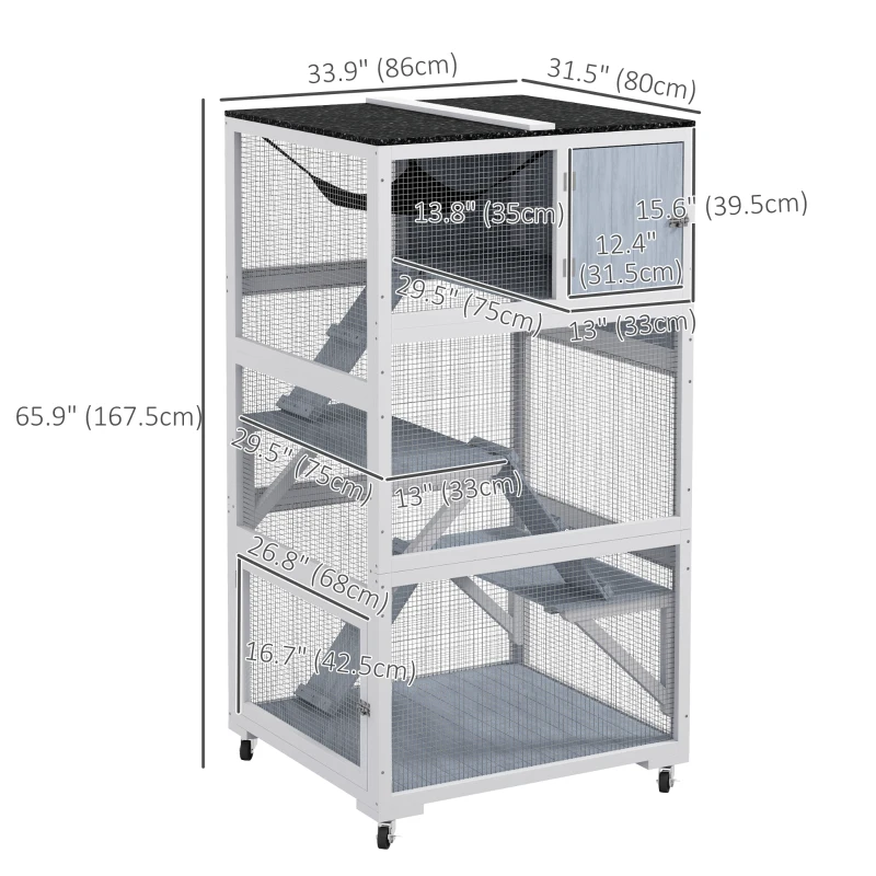 PawHut 34" L Catio Outdoor Cat Enclosure on Wheels with Hammock Multiple Platforms Resting Condo Ramps for 1-3 Cats, Grey