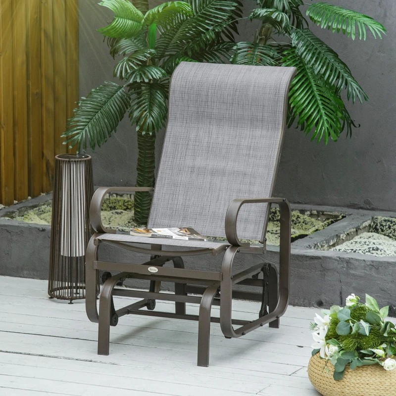 Outsunny Patio Glider with Breathable Mesh Fabric, Outdoor Glider Chair, Garden Rocking Gliding Seat for Patio, Yard, Porch, Brown/Grey