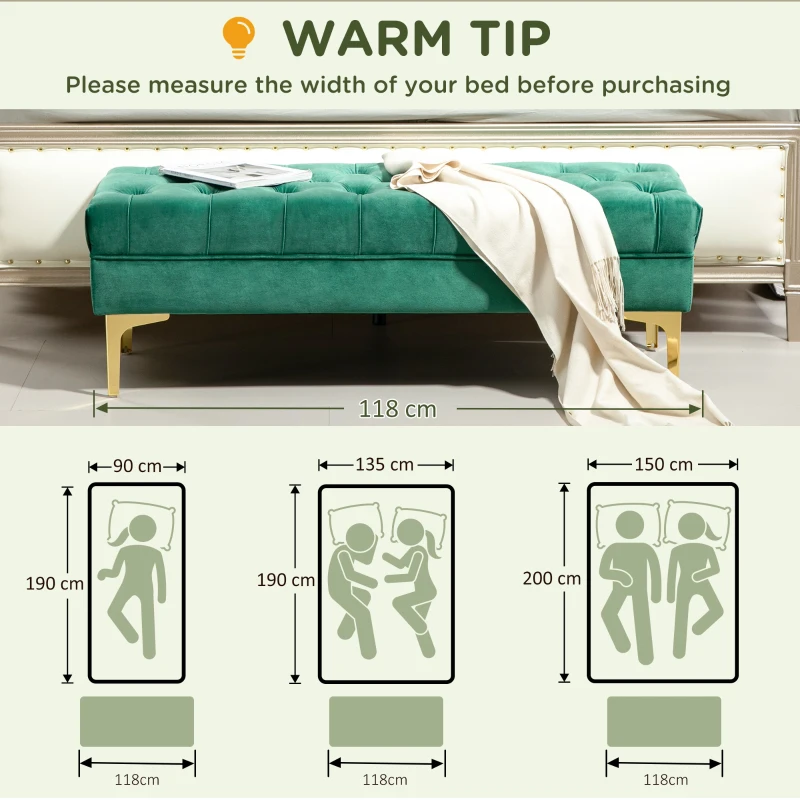 HOMCOM End of Bed Bench, Upholstered Bench, Entryway Shoe Bench with Button Tufted for Living Room, Bedroom, Dark Green