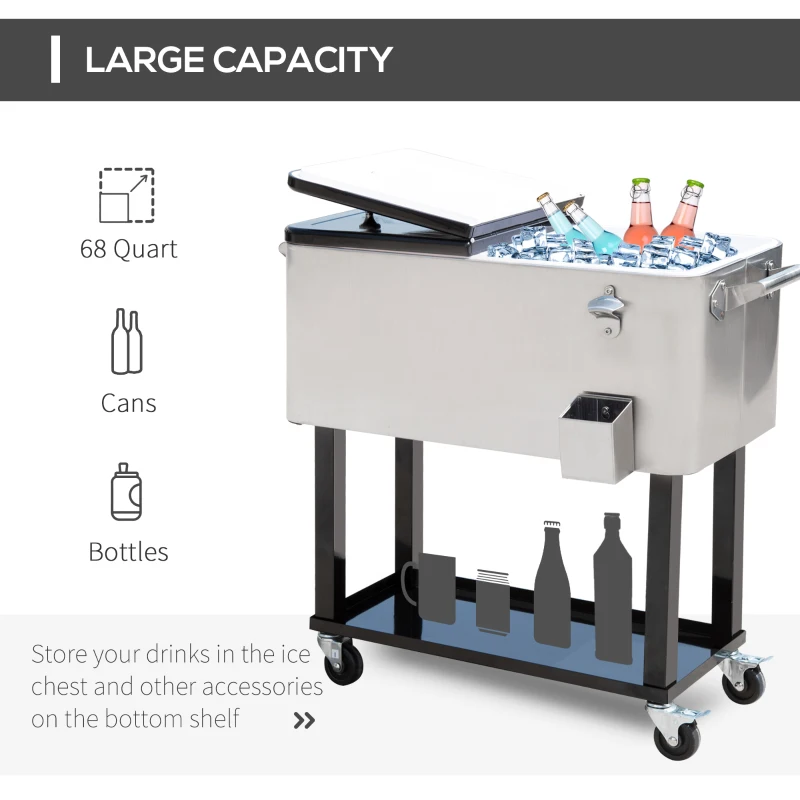 Outsunny 80 Quart Rolling Cooler Cart Ice Beer Beverage Cooling Bin for Outdoor Party, 35.4" x 15.4" x 32.7", Silver