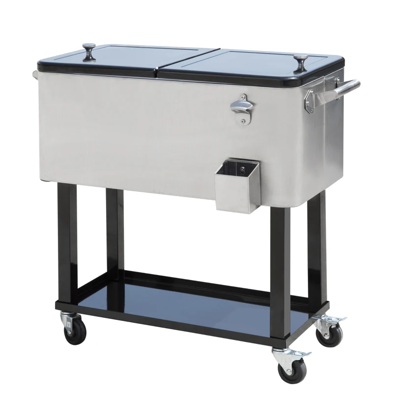 Outsunny 80 Quart Rolling Cooler Cart Ice Beer Beverage Cooling Bin for Outdoor Party, 35.4" x 15.4" x 32.7", Silver
