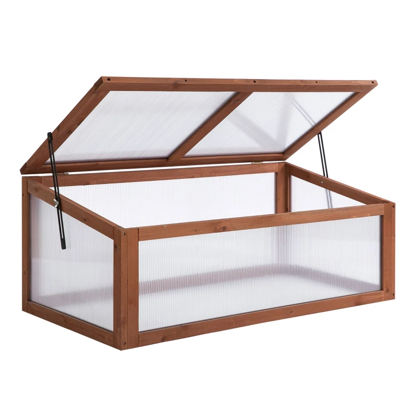 Outsunny 39" x 26" x 16" Wooden Cold Frame with Openable and Tilted Top Cover, Small Polycarbonate Planter Box for Flowers, Vegetables, Plants, Brown