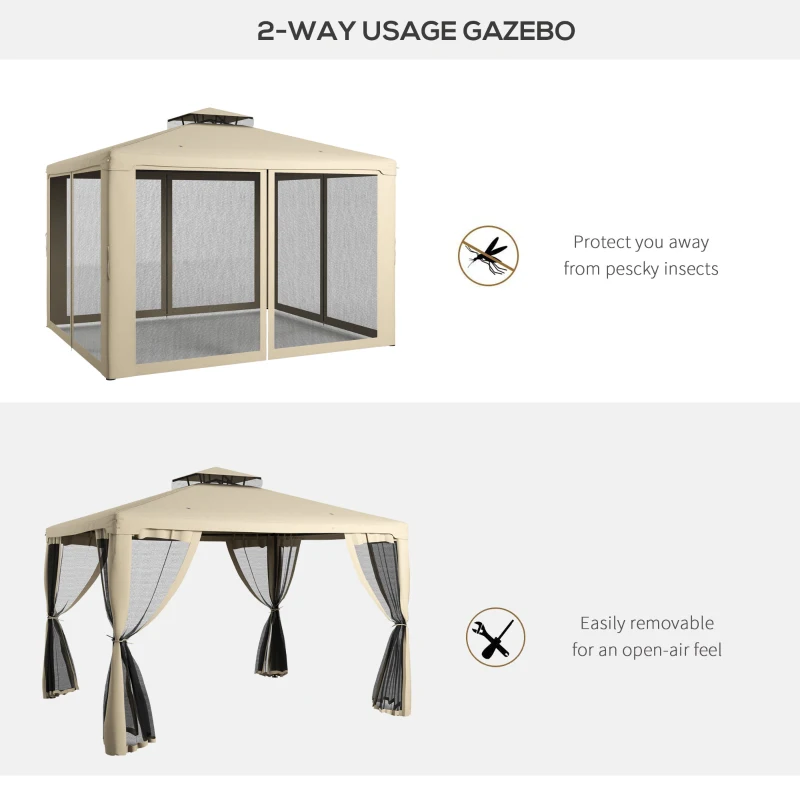 Outsunny 9.6' x 11.6' Patio Gazebo Outdoor Canopy Shelter with 2-Tier Roof and Netting, Steel Frame for Garden, Taupe