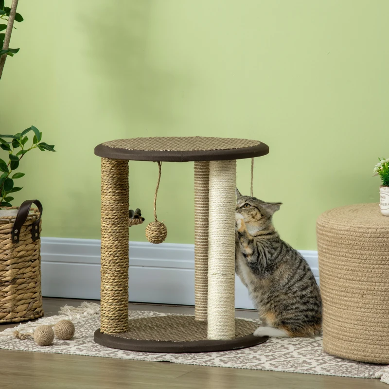 PawHut 17" Cat Tree, Kitty Activity Centre with Hanging Toys, Cat Tower with Jute, Sisal, Seagrass Scratching Post, Brown