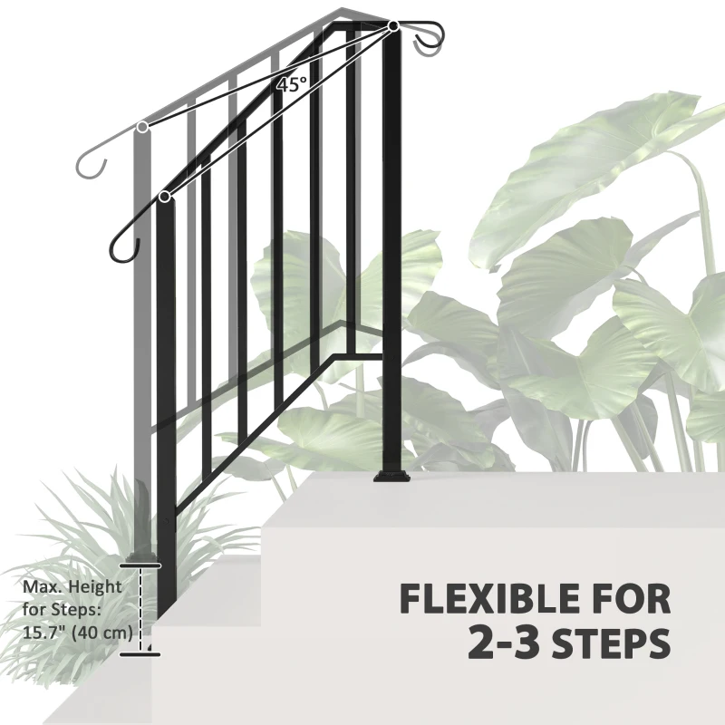 Outsunny 2-3 Step Handrails for Outdoor Steps, Metal Outdoor Stair Railing, Porch Deck Railing with Installation Kit, Black
