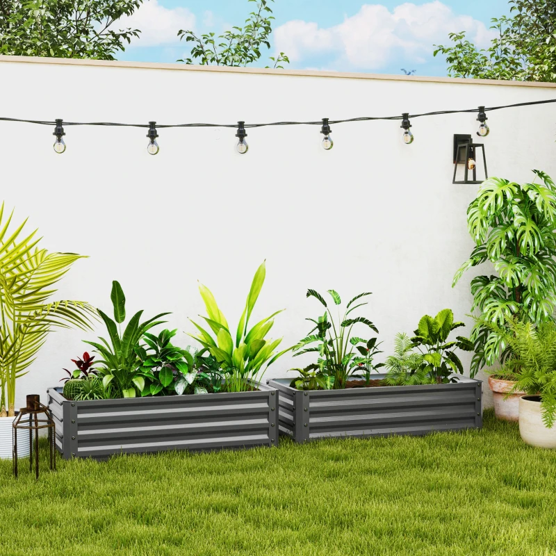 Outsunny Galvanized Raised Garden Beds, Outdoor Planter Box, Set of 2, for Flowers, Herbs and Vegetables, Light Grey