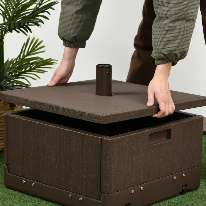 Outsunny 3-in-1 Outdoor Umbrella Base with Wheels, Side Table, Planter Box, 175lbs Heavy Duty Patio Umbrella Stand, Brown