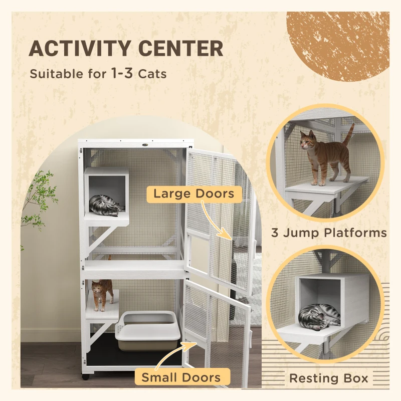 PawHut Catio Outdoor, Elevated Design, with Wheels, Resting Box, Water-Resistant, Multi Platforms, White