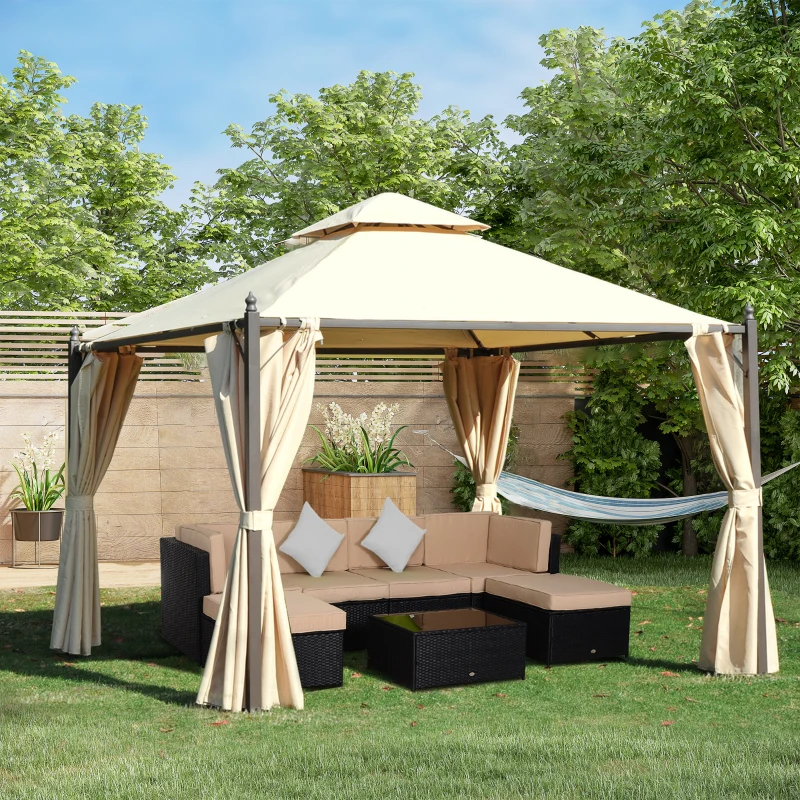 Outsunny 10' x 10' Steel Outdoor Patio Gazebo with Polyester Privacy Curtains, Two-Tier Roof for Air, Large Design