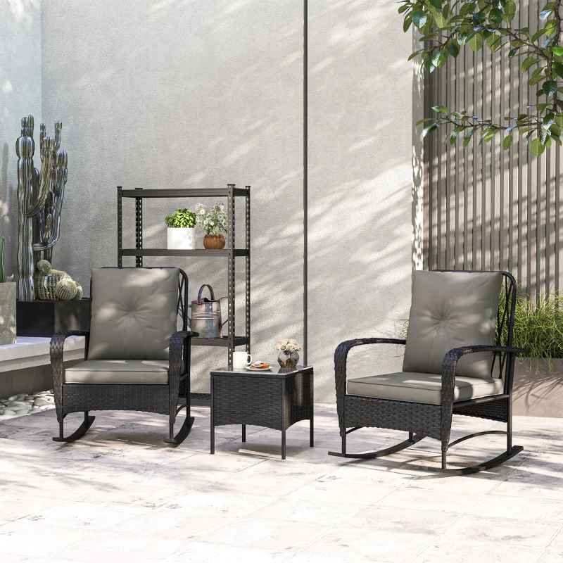 Outsunny 3 Pieces Rattan Bistro Set, Wicker Patio Furniture with Rocking Chairs, Thick Cushions for Porch Balcony, Grey