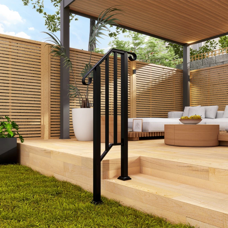 Outsunny 1-2 Step Handrails for Outdoor Steps, Metal Outdoor Stair Railing, Porch Deck Railing with Installation Kit, Black