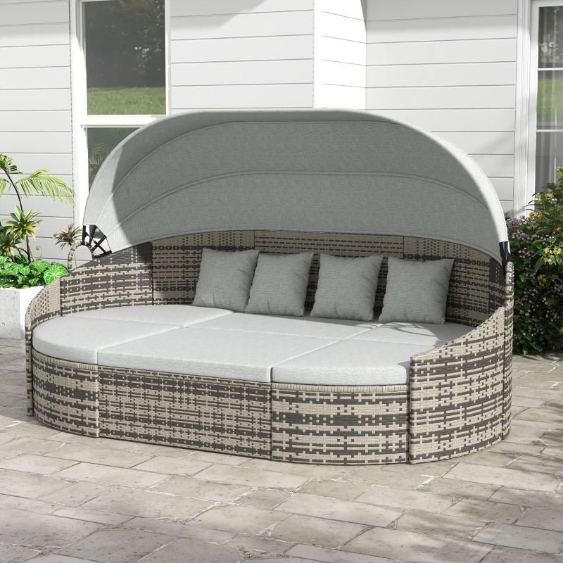 Outsunny 4 Pieces Patio PE Wicker Round Daybed, Outdoor Rattan Garden Lounge Furniture Sets, Light Grey