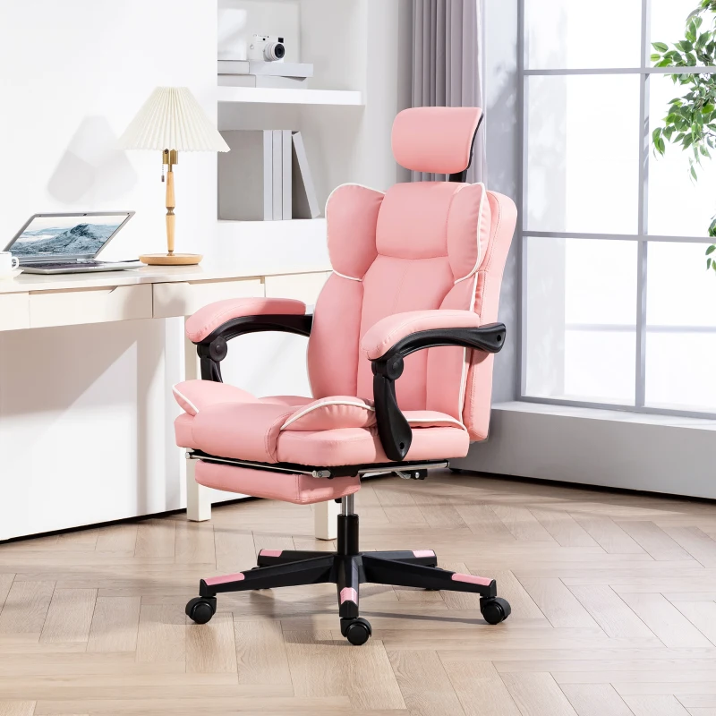 HOMCOM PU Leather Office Chair, Executive Desk Chair with Headrest, Foot Rest, Swivel Wheels, Reclining Computer Chair, Pink
