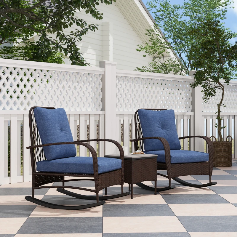 Outsunny 3 Piece Wicker Patio Furniture Set, Outdoor PE Rattan Rocking Chairs with Coffee Table, Cushions for Porch, Brown