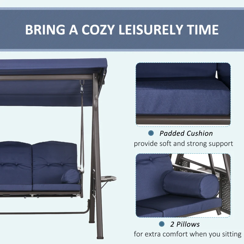 Outsunny Outdoor Patio 3-Person Steel Canopy Cushioned Seat Bench Swing with Included Side Trays & Padded Comfort, Dark Blue