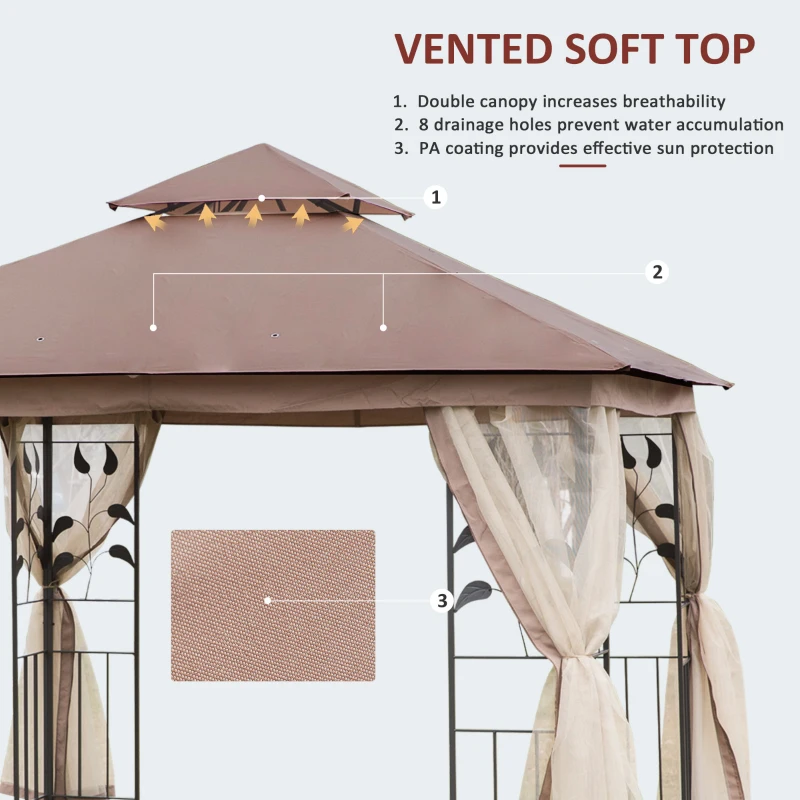 Outsunny 10' x 10' Metal Patio Gazebo, Double Roof Outdoor Gazebo Canopy Shelter with Tree Motifs Corner Frame and Netting, for Garden, Lawn, Backyard, and Deck, Brown