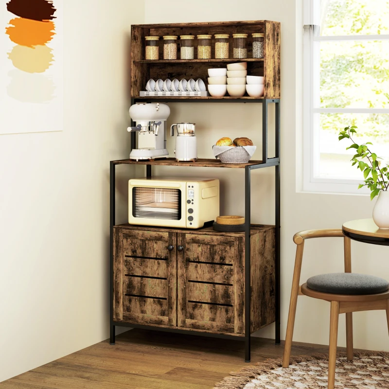 HOMCOM Baker's Rack with Power Outlet and Storage Shelves, Microwave Stand with Louvred Door Cabinets, Rustic Brown